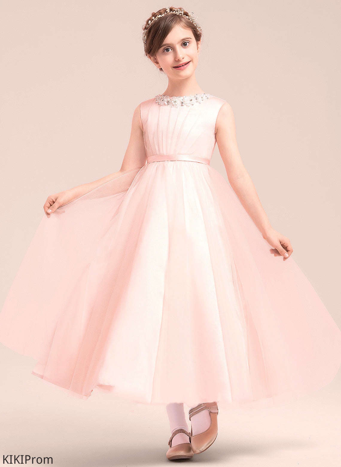 Kasey Neck A-Line/Princess With Girl Scoop Dress Flower Girl Dresses Satin/Tulle Flower Sleeveless - Ankle-length Beading/Bow(s)