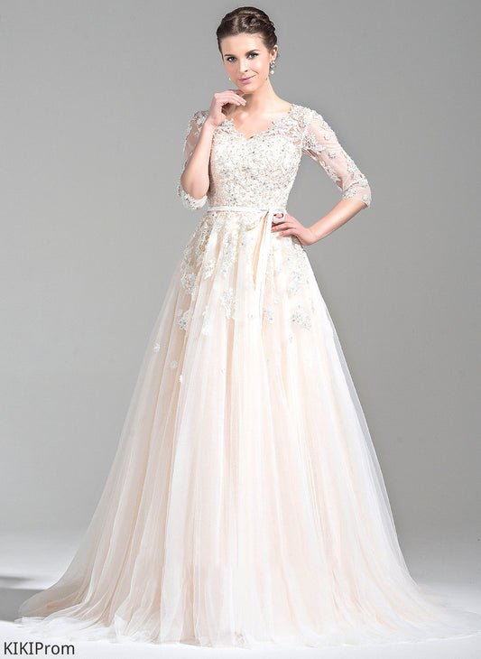 Tulle Wedding Dresses Sequins Dress Beading With Bow(s) Wedding Court Train Lace Appliques V-neck Lizeth Ball-Gown/Princess