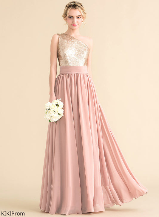 One-Shoulder Neckline Sequined Length Fabric Floor-Length Straps Silhouette A-Line Alani Bridesmaid Dresses