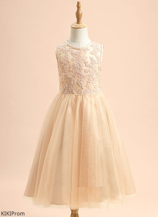 A-Line Scoop - Dress Sleeveless Tea-length Tulle/Lace Beading/Sequins Neck Flower Daisy Girl Flower Girl Dresses With