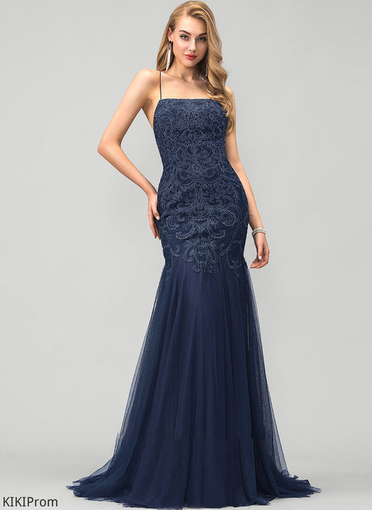 Tulle Trumpet/Mermaid Lucinda Square Train Sequins With Sweep Prom Dresses Lace Neckline