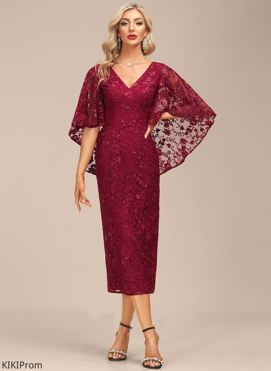 Aracely Lace Cocktail Sheath/Column Sequins Cocktail Dresses Tea-Length Dress With V-neck