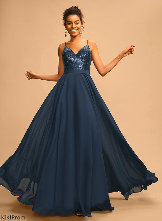 Floor-Length Sequins Chiffon A-Line With Sequined Prom Dresses Olympia V-neck