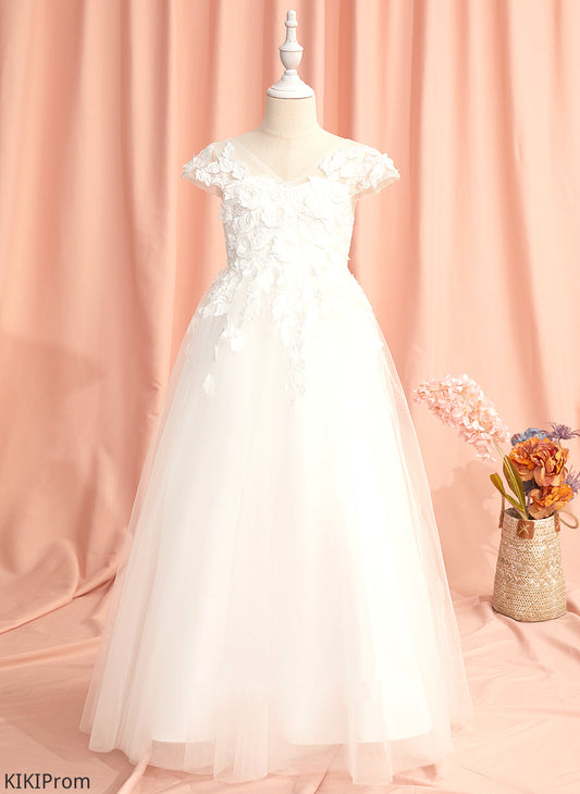 Sleeves Elena Floor-length - V-neck A-Line Dress Short Flower With Lace/Flower(s) Girl Tulle Flower Girl Dresses