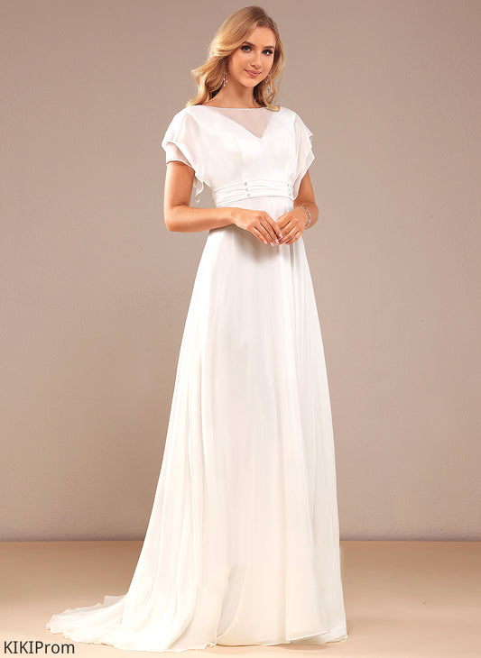 A-Line Dress With Scoop Thalia Train Beading Neck Wedding Sweep Chiffon Wedding Dresses