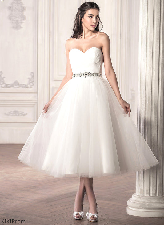 Sequins Dress Ruffle Satin Wedding A-Line Sweetheart Sydnee With Tulle Wedding Dresses Beading Tea-Length