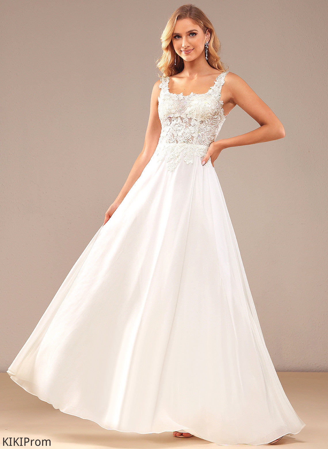 A-Line Brynn Chiffon Sequins Wedding Dresses Square Lace Floor-Length Wedding With Dress