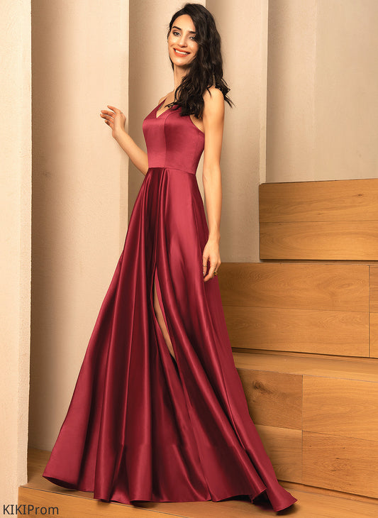 Neckline V-neck Fabric Satin Floor-Length Straps&Sleeves A-Line Length Silhouette Deanna Bridesmaid Dresses