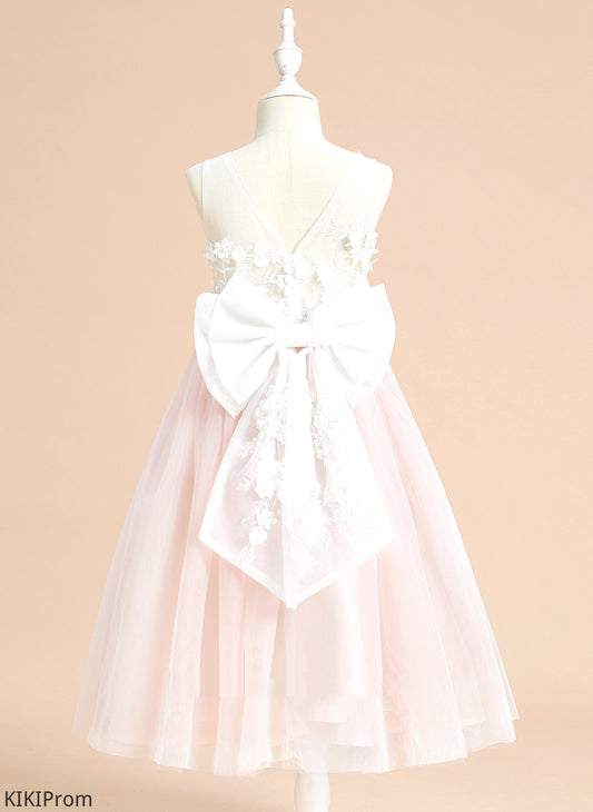 With Girl Neck Tulle Scoop Lace/Flower(s)/Bow(s) Paloma Sleeveless Flower Tea-length Dress Flower Girl Dresses A-Line -