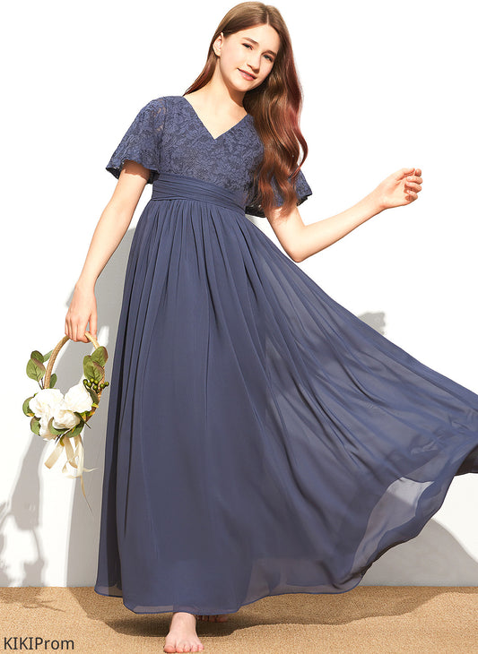 A-Line Chiffon V-neck Lace With Jamiya Bow(s) Floor-Length Junior Bridesmaid Dresses
