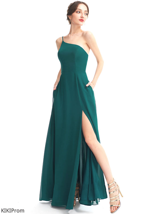 One-Shoulder SplitFront Pockets Embellishment A-Line Length Silhouette Neckline Floor-Length Fabric Barbara Bridesmaid Dresses