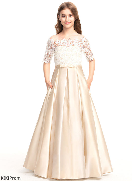 Lace Off-the-Shoulder Junior Bridesmaid Dresses Bow(s) Ball-Gown/Princess Floor-Length Satin With Bridget Pockets