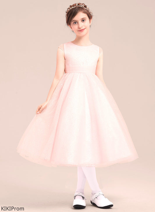 Girl Bow(s) With Tulle Flower Neck Sleeveless - Flower Girl Dresses A-Line/Princess Skylar Scoop Dress Tea-length