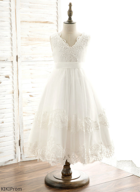 Tea-length - A-Line Flower Dress Jane Back Girl Tulle/Lace Bow(s)/V Flower Girl Dresses With Sleeveless V-neck