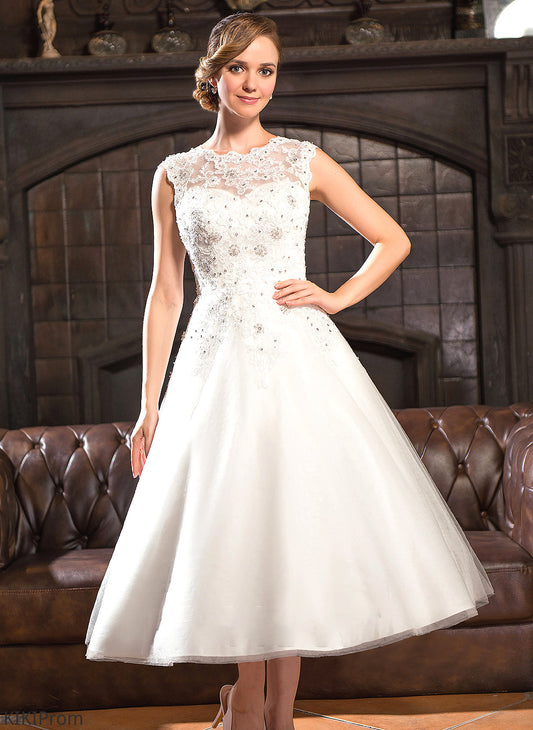 Scoop Ball-Gown/Princess Wedding Dress Tea-Length Lace Sequins Wedding Dresses With Neck Beading Tulle Britney