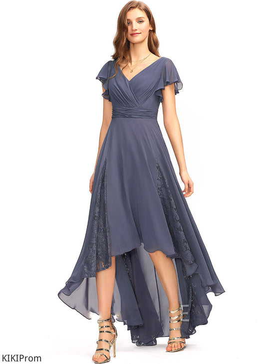 Lace Asymmetrical Embellishment Silhouette Neckline V-neck A-Line Ruffle Fabric Length Norma V-Neck Bridesmaid Dresses