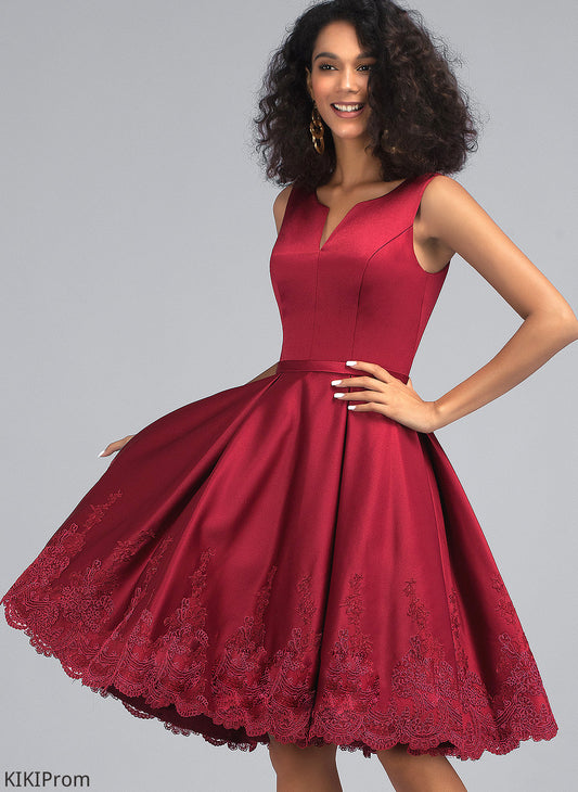 Homecoming Lace Emmalee With Knee-Length V-neck Dress A-Line Appliques Homecoming Dresses Satin