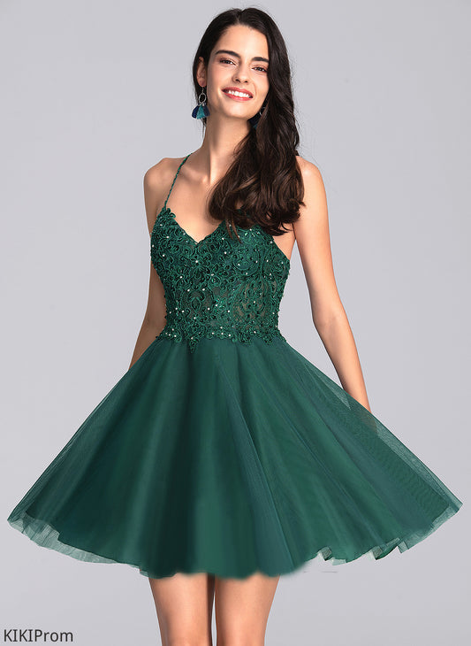 Beading Cailyn With Dress Homecoming A-Line Sequins Short/Mini Homecoming Dresses Tulle V-neck