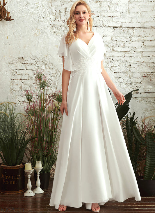 Chiffon Wedding A-Line Macy Dress Front Floor-Length V-neck Split Wedding Dresses With Lace