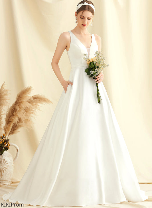 Satin With Genesis Pockets Train Wedding Dresses Sweep Ball-Gown/Princess Wedding V-neck Dress Lace