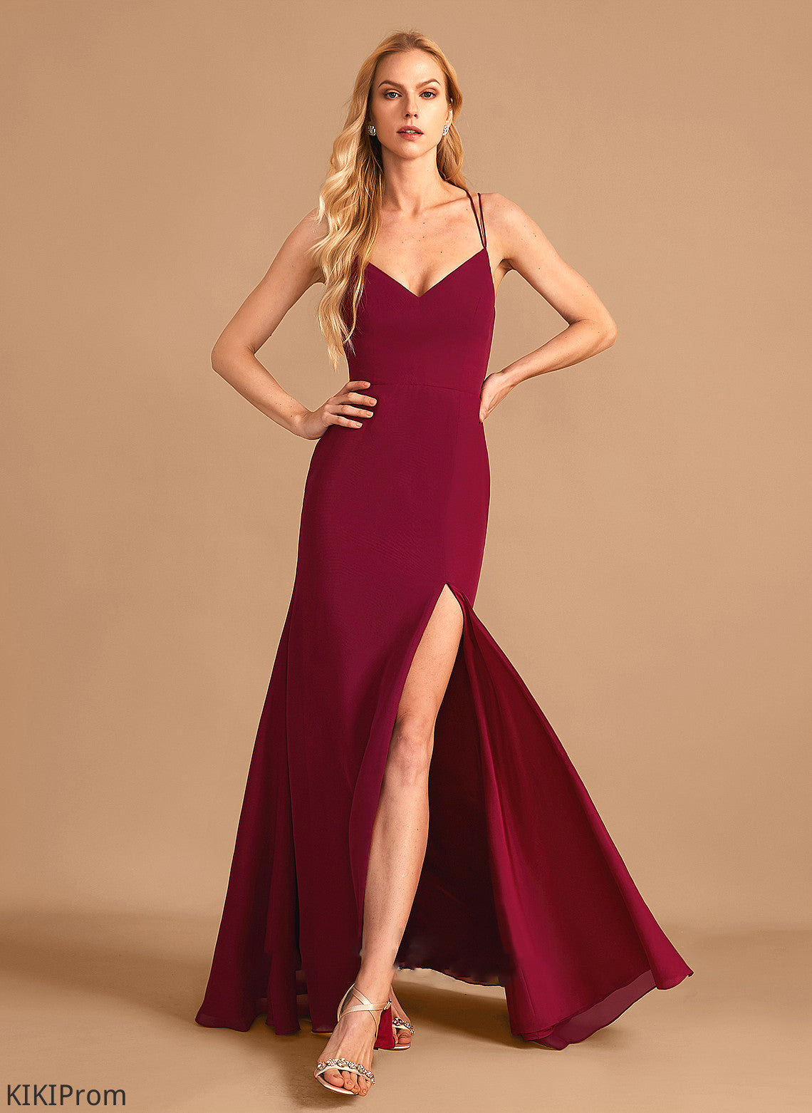 SplitFront V-neck Floor-Length Fabric Embellishment Neckline Trumpet/Mermaid Length Silhouette Rebecca Sleeveless Scoop Bridesmaid Dresses