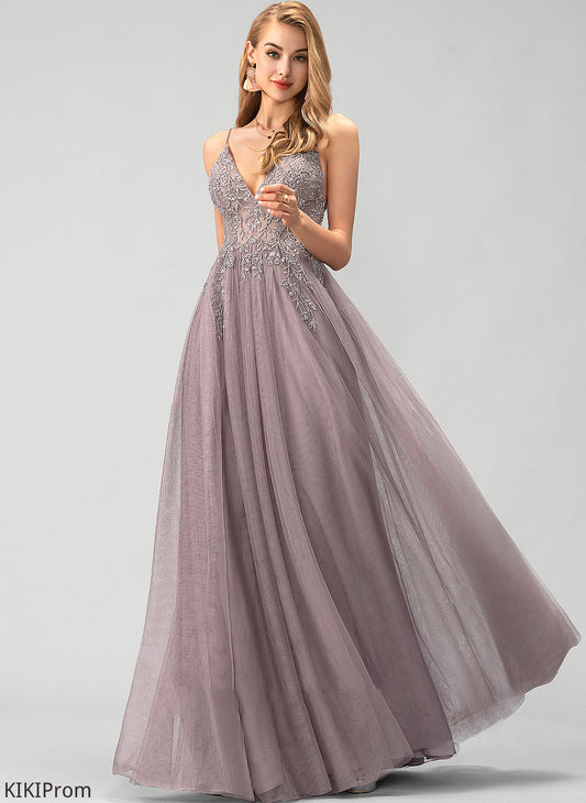 Ball-Gown/Princess Front Prom Dresses With V-neck Saniyah Sequins Split Lace Beading Floor-Length Tulle