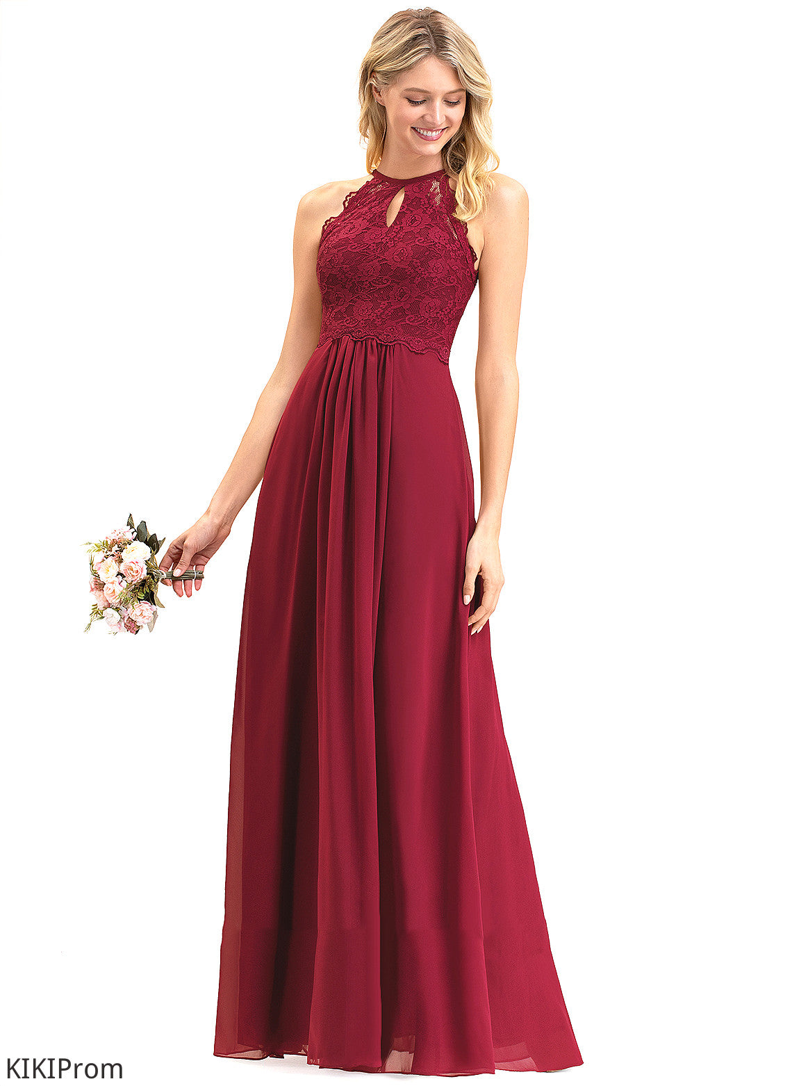 Floor-Length Prom Dresses A-Line Lace Scoop Paisley Chiffon