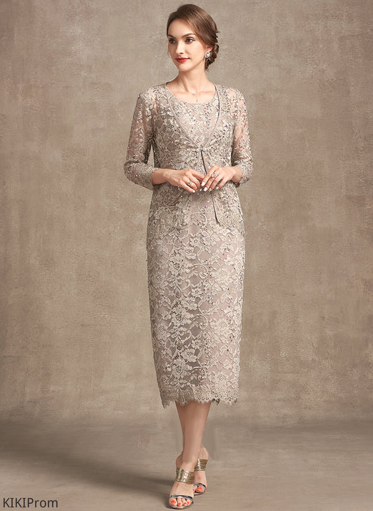 Dress Sheath/Column Bride Lace Neck Sequins Mother the With Tea-Length Jaslene Mother of the Bride Dresses Scoop of