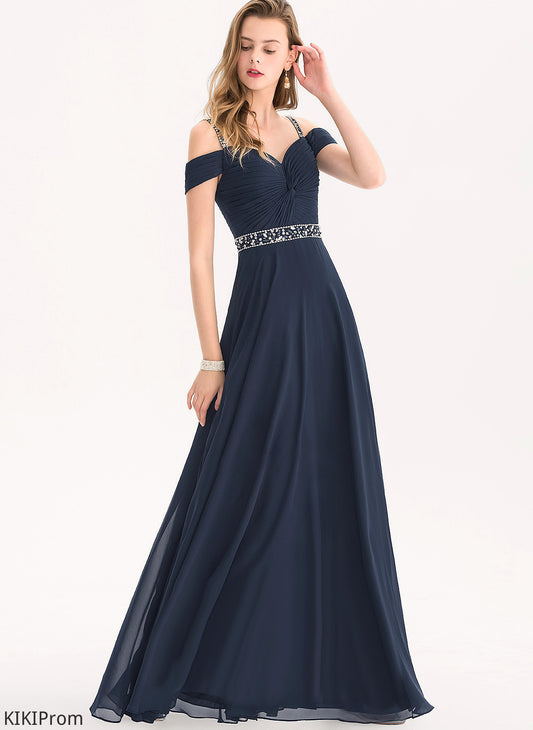 A-Line With Shoulder V-neck Floor-Length Beading Sequins Chiffon Cold Prom Dresses Pleated Giselle
