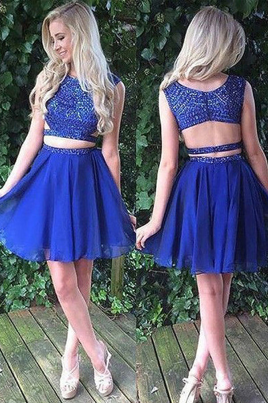 Chic Two Piece Sleeveless Round Neck With Beaded Homecoming Dresses