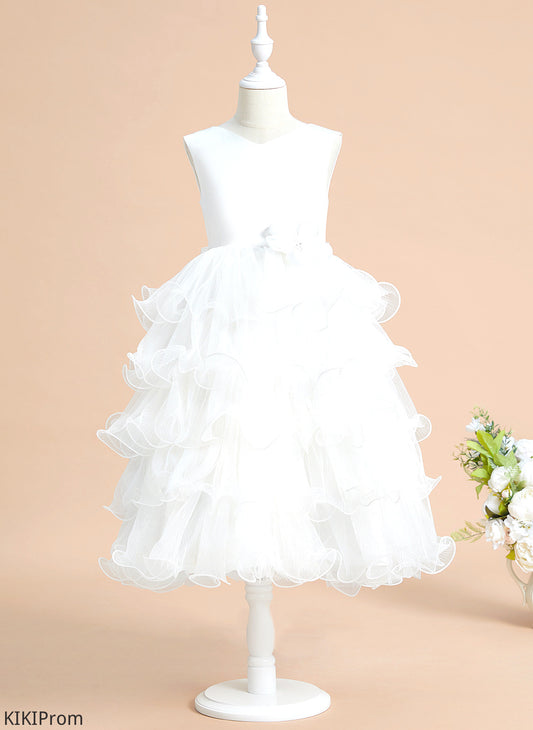 V-neck Flower Tea-length Dress Sleeveless Ball-Gown/Princess Yazmin Satin/Tulle Flower Girl Dresses Girl - Bow(s) With