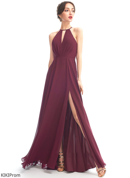 Silhouette Embellishment A-Line Neckline Halter Length Floor-Length SplitFront Fabric Cheyanne Velvet Scoop Bridesmaid Dresses