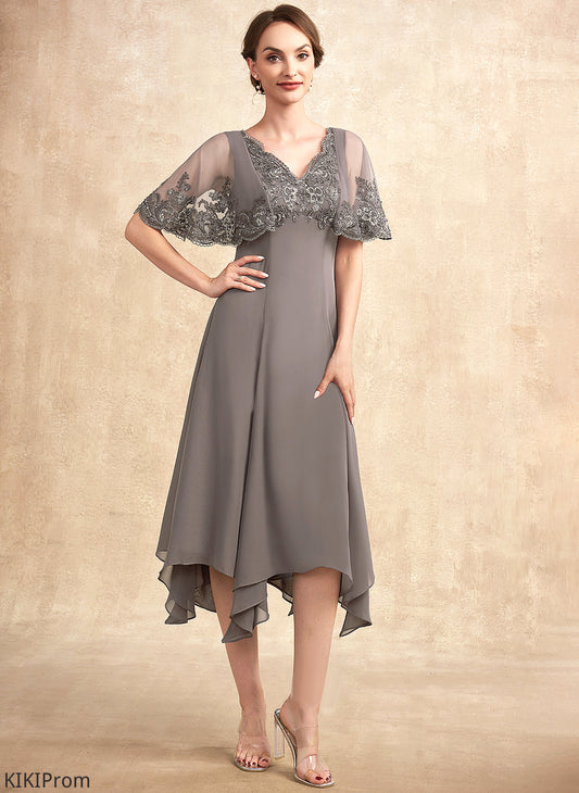 Bride Beading Mother Diana A-Line Lace Tea-Length of Chiffon the Dress V-neck Mother of the Bride Dresses With Sequins