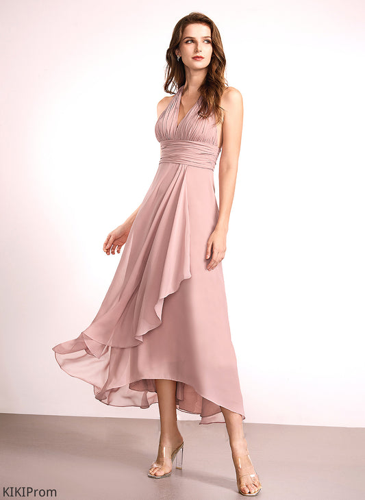 V-neck Silhouette Neckline Embellishment Fabric SplitFront A-Line Asymmetrical Length Muriel Bridesmaid Dresses