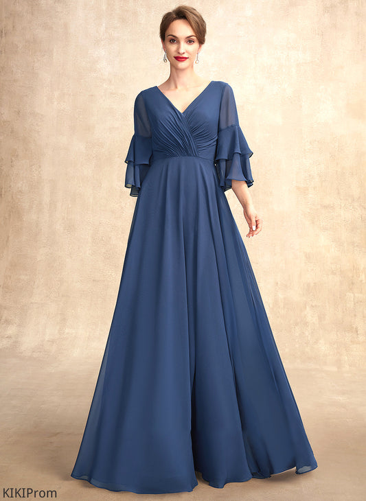 Mother of the Bride Dresses Audrina A-Line Bride Ruffles Floor-Length Dress the Mother Cascading V-neck of With Chiffon