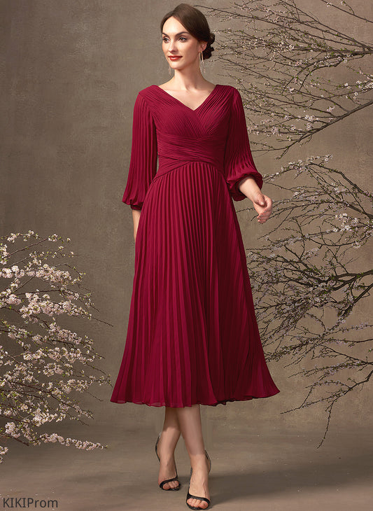 Mother of the Bride Dresses Tea-Length A-Line of Chiffon Pleated Bride Mother the With V-neck Eileen Dress