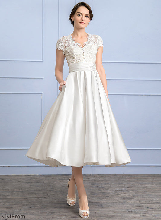 V-neck Satin Wedding Haleigh A-Line With Dress Wedding Dresses Lace Tea-Length Ruffle