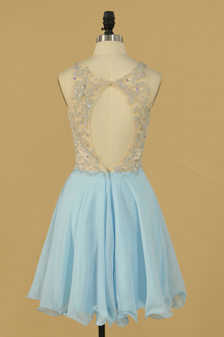 2024 Open Back Scoop Tulle & Chiffon Homecoming Dresses Short/Mini With Beading