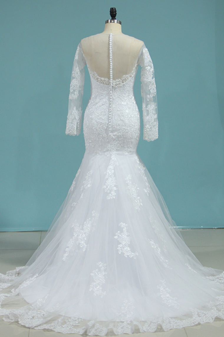 2024 Mermaid New Arrival Scoop Wedding Dresses Tulle With Applique