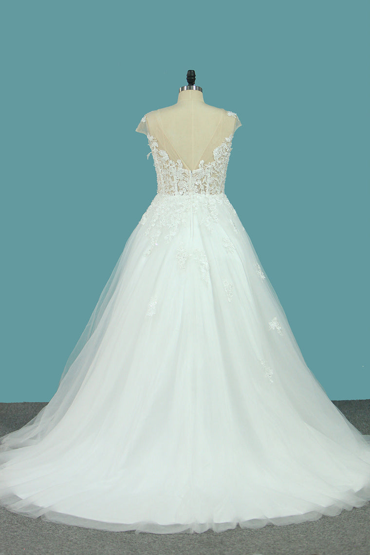 2024 A Line Tulle Cap Sleeve Scoop Wedding Dresses With Applique Court Train