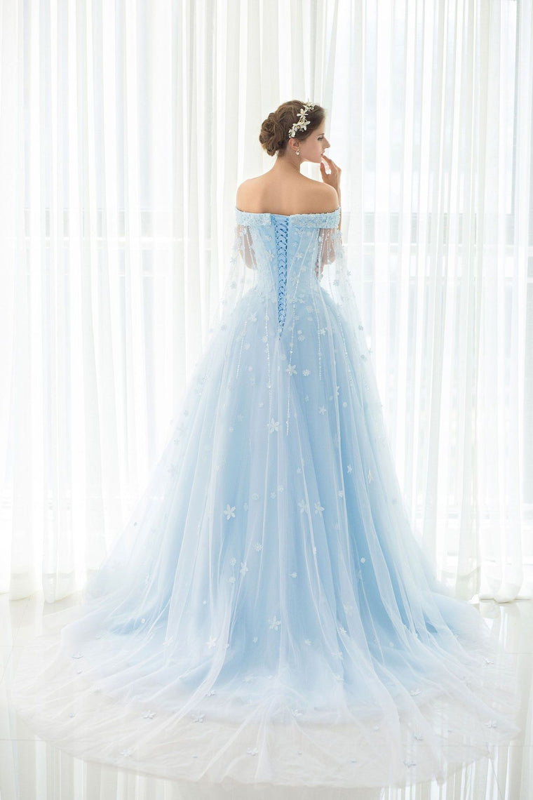 2024 Light Sky Blue Prom Dresses Sweep/Brush Train Tulle Prom Dress/Evening Dress