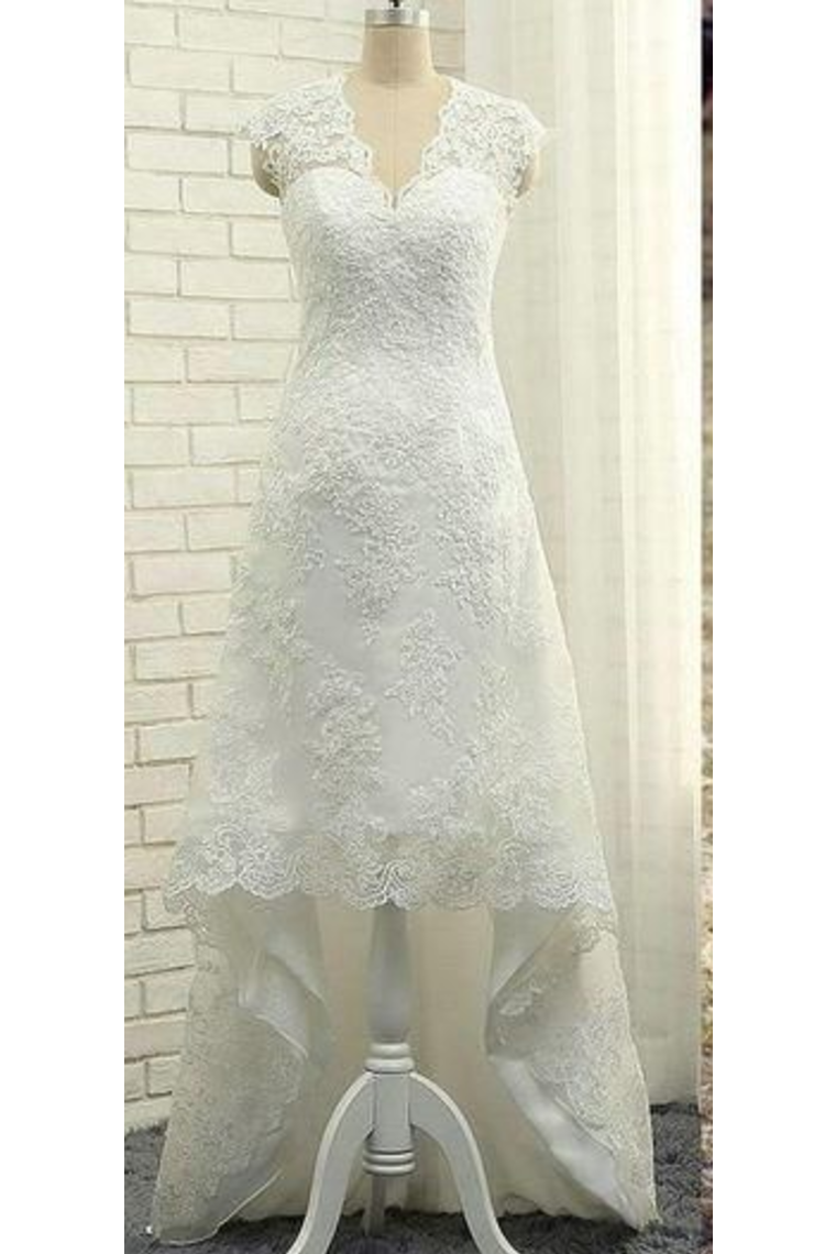 A-Line V-Neck Cap Sleeves Open Back Lace Beach Wedding Dresses