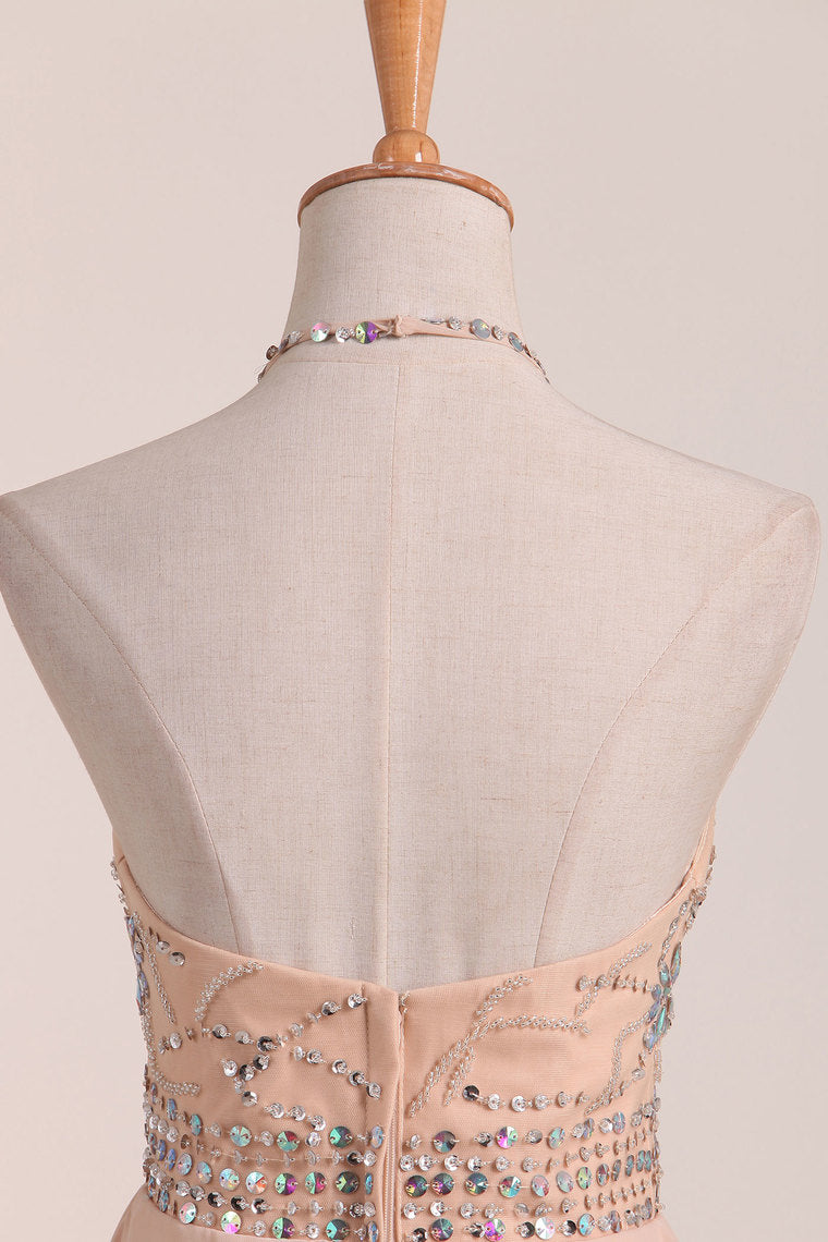 2024 Chiffon&Tulle Halter A Line Homecoming Dress Beaded Bodice Short/Mini