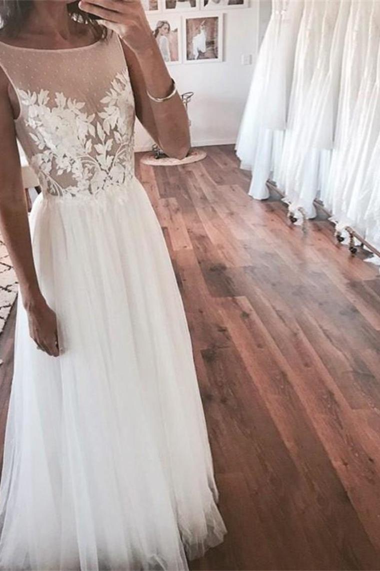 Elegant Ivory Long Lace Tulle Simple Cheap Beach Wedding Dresses