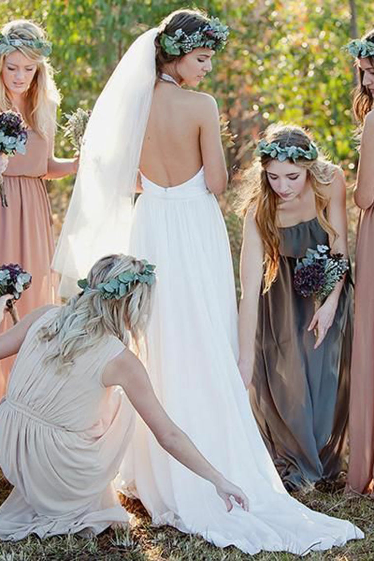 Flowy Halter Open Back Ivory Lace Chiffon Long Simple Beach Wedding Dresses