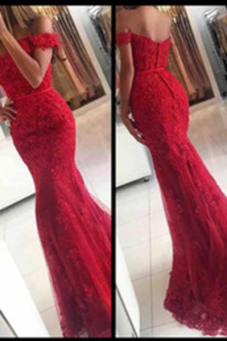 2024 Red Off The Shoulder Prom Dresses Mermaid Tulle With Applique Covered Button