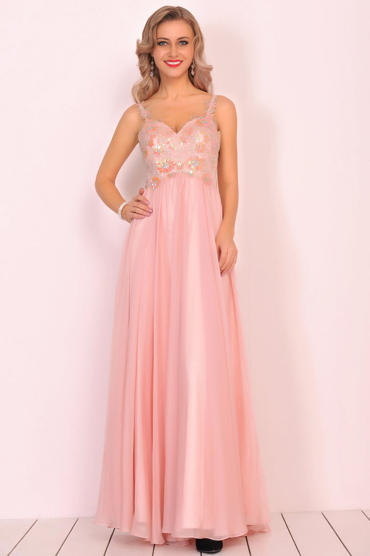 2024 A Line Spaghetti Straps Prom Dresses Chiffon With Beads And Applique