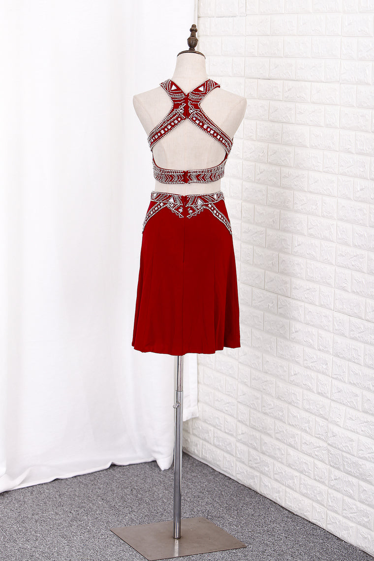 2024 High Neck Two-Piece Homecoming Dresses Sheath Spandex With Beading