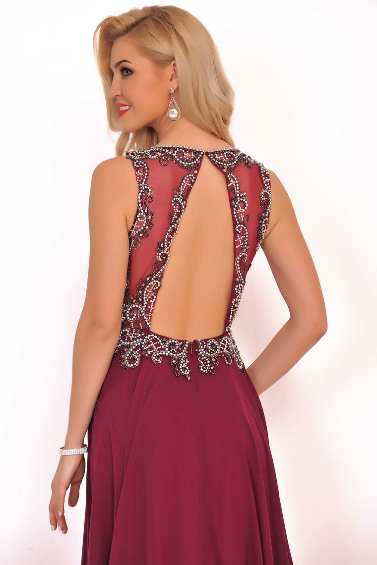 2022 New Arrival Scoop Open Back Prom Dresses With Beading Chiffon