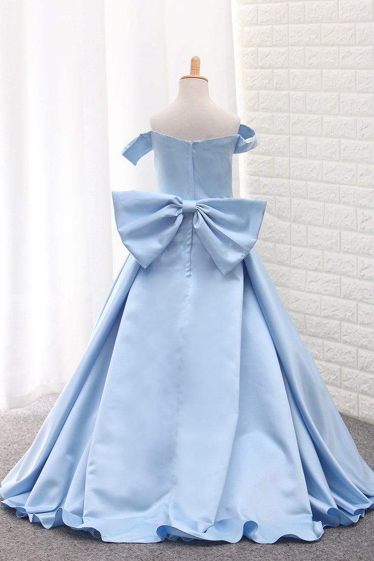 2024 Satin A Line Off The Shoulder Asymmetrical Flower Girl Dresses With Bow Knot
